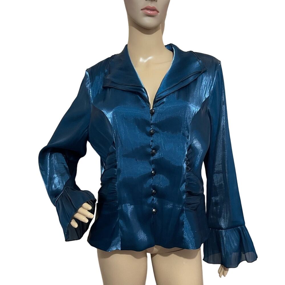 Another Thyme Turquoise Elegant‎ Vintage Inspired Blouse Size 16 Ruffled Satin